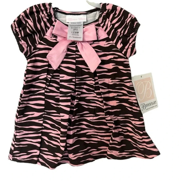 Bonnie Baby Toddler Girl Short Sleeve Pink & Brown Zebra Print Dress Sz 18m NWT - Picture 1 of 7